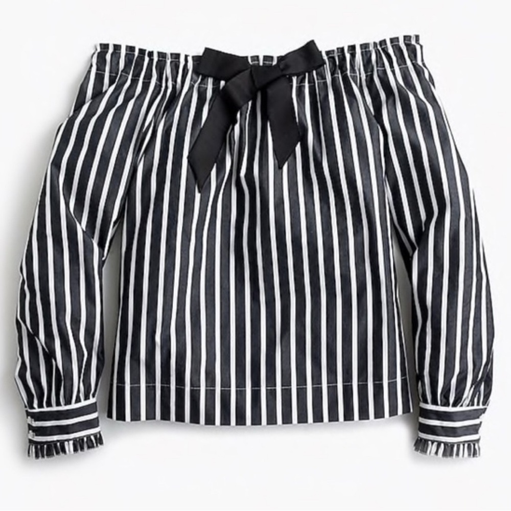 J. Crew Off-The-Shoulder Elasticized Neck Striped Bow Ruffle Pullover Shirt M
